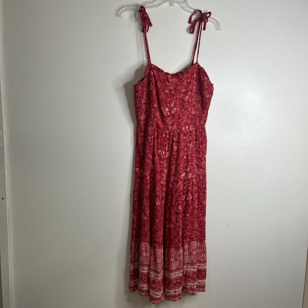 Knox Rose Paisley Smocked Tiered Dress Floral Red Ruffle Tie Straps Stretch Sz L - Picture 2 of 7